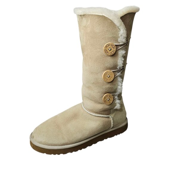 UGG Bailey Button Triplet II Tall Sheepskin Shearling Suede Wool Sand Boots - Picture 3 of 16